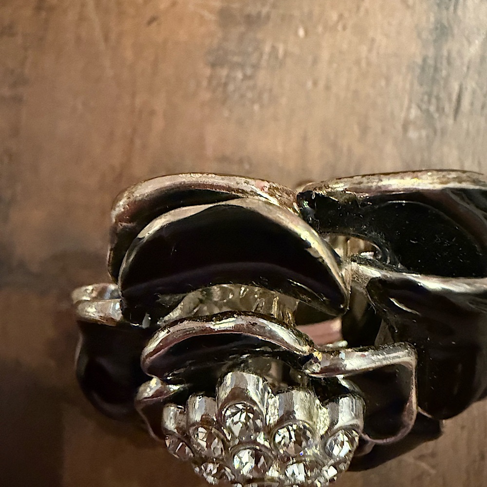 Bold Black Flower Statement Stretch Ring Rhinesto… - image 3